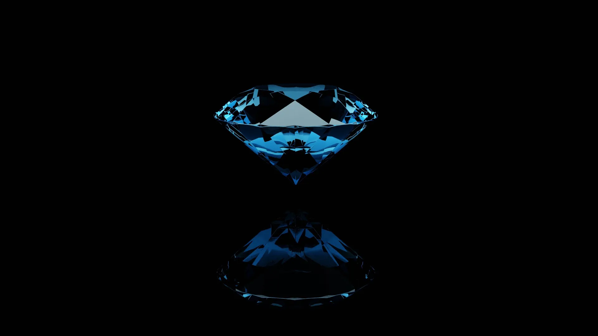 Brilliant blue gemstone with precision cut facets reflecting light on dark background